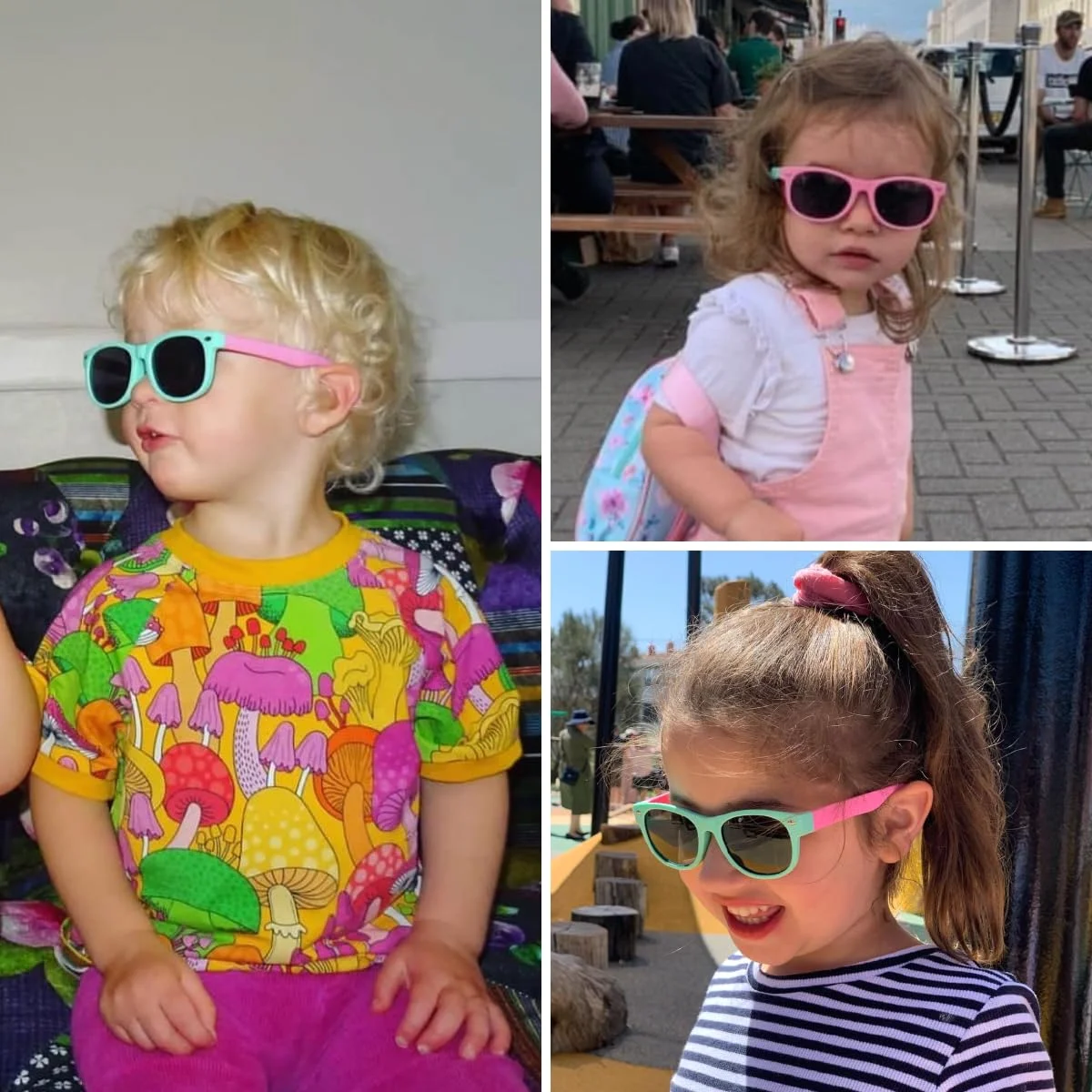The G2 set on three children: pink, cyan and purple frames