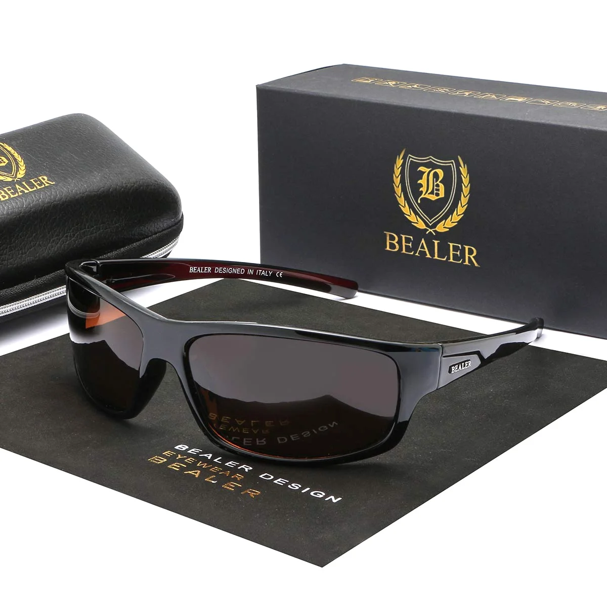 The sport wrap with a brown lens on its box, with the case